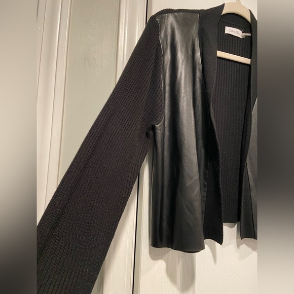 Calvin Klein Size XL Black Ribbed Knit Faux Leather Panel Open Front Cardigan - Picture 5 of 11